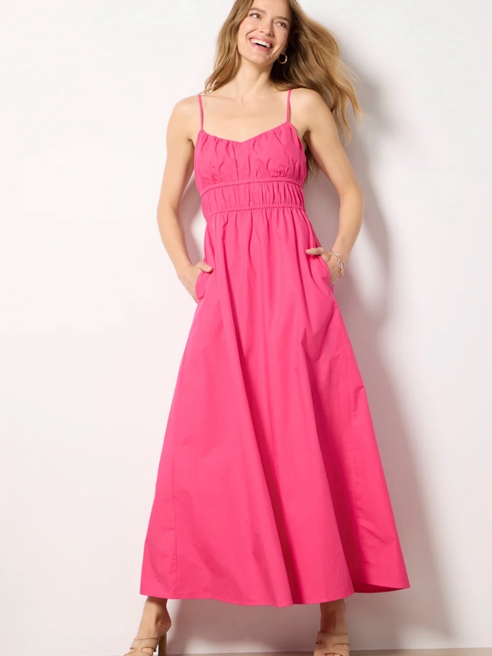 NWOT Evereve Poplin Ruched Pink Spaghetti-Strap Maxi Dress, French Connection